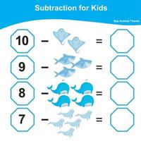 Anzahl und schreiben zusammen Arbeitsblatt. lehrreich druckbar Mathematik Arbeitsblatt. Mathematik Spiel zum Kinder. Subtraktion Mathematik Arbeitsblatt. Vektor Illustration.