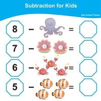 Anzahl und schreiben zusammen Arbeitsblatt. lehrreich druckbar Mathematik Arbeitsblatt. Mathematik Spiel zum Kinder. Subtraktion Mathematik Arbeitsblatt. Vektor Illustration.