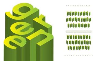 grön isometrisk font visa typsnitt. typografi en till z minimal design. vektor illustration av ord