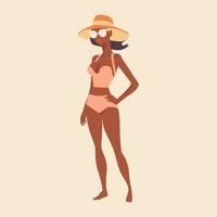 skön ung kvinna i hatt. flicka i baddräkt är solbad under sommar Sol. platt vektor illustration isolerat bakgrund