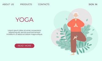 baner mall med senior man håller på med yoga. gammal man praktiserande meditation, tränar, förvaring aktiva friska livsstil. vektor