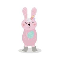 süßes rosa Kaninchen mit einem Osterei in seinen Händen. der Osterhase. Design für Ostern. flache Karikaturvektorillustration vektor