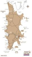 phuket thailand resa vektor illustration, klottra skiss. phuket ö Karta med guld brun Färg.