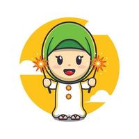 süß Mädchen spielen Feuerwerk im Ramadan Tag Karikatur Vektor Illustration. Ramadan Karikatur Maskottchen Vektor Illustration.