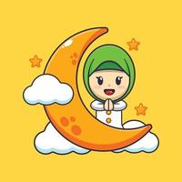 süß Mädchen mit Mond im Ramadan. Ramadan Karikatur Maskottchen Vektor Illustration.