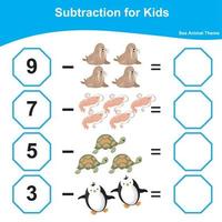 Anzahl und schreiben zusammen Arbeitsblatt. lehrreich druckbar Mathematik Arbeitsblatt. Mathematik Spiel zum Kinder. Subtraktion Mathematik Arbeitsblatt. Vektor Illustration.