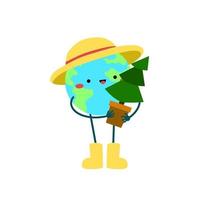 süß Planet Erde Charakter. Karikatur Planet Emoji Sammlung. Erde Tag Karte Vektor Illustration. Maskottchen Über Grün und Garten. Pflanze das Bäume