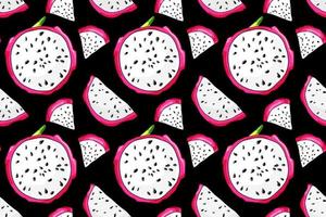 Pitaya Scheiben nahtlos Muster. frisch Drachen Obst Stücke. organisch Hintergrund Zutat. Süss exotisch Pitahaya auf schwarz Hintergrund vektor