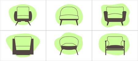 komfortabel Sessel Symbole Satz. Vektor Illustration im eben Stil.