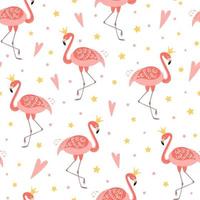 Flamingo Krone nahtlos Muster Vorlage. Rosa Flamingo, Gelb Sterne, Rosa Herzen auf Weiß Hintergrund zum Mädchen Party Einladungen. süß mädchenhaft Design. weiblich Vektor Illustration.