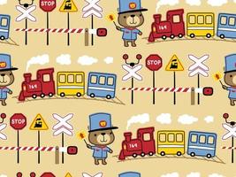 nahtlos Muster von Eisenbahn Elemente Karikatur, süß Bär im Maschinist Kostüm, bunt Dampf Zug vektor