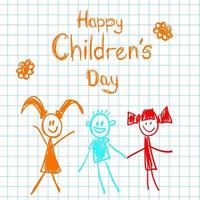affisch med anteckningsbok papper och söt klotter teckning av Lycklig barn och föreskrifter till fira barn s dag. vektor