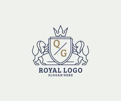 första qg brev lejon kunglig lyx logotyp mall i vektor konst för restaurang, kungligheter, boutique, Kafé, hotell, heraldisk, Smycken, mode och Övrig vektor illustration.