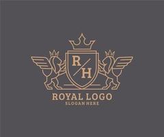 första rh brev lejon kunglig lyx heraldisk, vapen logotyp mall i vektor konst för restaurang, kungligheter, boutique, Kafé, hotell, heraldisk, Smycken, mode och Övrig vektor illustration.