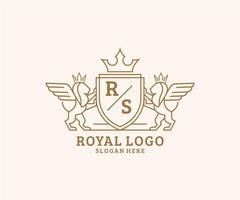 första rs brev lejon kunglig lyx heraldisk, vapen logotyp mall i vektor konst för restaurang, kungligheter, boutique, Kafé, hotell, heraldisk, Smycken, mode och Övrig vektor illustration.