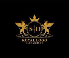 första sd brev lejon kunglig lyx heraldisk, vapen logotyp mall i vektor konst för restaurang, kungligheter, boutique, Kafé, hotell, heraldisk, Smycken, mode och Övrig vektor illustration.
