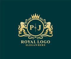 Initial pj Letter Lion Royal Luxury Logo Vorlage in Vektorgrafiken für Restaurant, Lizenzgebühren, Boutique, Café, Hotel, heraldisch, Schmuck, Mode und andere Vektorillustrationen. vektor