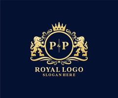 första sid brev lejon kunglig lyx logotyp mall i vektor konst för restaurang, kungligheter, boutique, Kafé, hotell, heraldisk, Smycken, mode och Övrig vektor illustration.