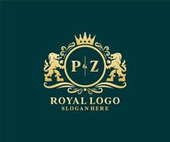 första pz brev lejon kunglig lyx logotyp mall i vektor konst för restaurang, kungligheter, boutique, Kafé, hotell, heraldisk, Smycken, mode och Övrig vektor illustration.