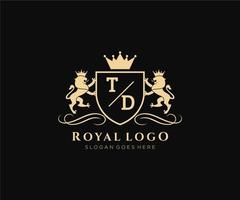 första td brev lejon kunglig lyx heraldisk, vapen logotyp mall i vektor konst för restaurang, kungligheter, boutique, Kafé, hotell, heraldisk, Smycken, mode och Övrig vektor illustration.