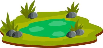 Teich und Sumpf, See. Landschaft mit Gras, Steine. Plattform und Boden. Hintergrund zum Illustration. eben Karikatur. Element von Natur und Wälder und Wasser vektor
