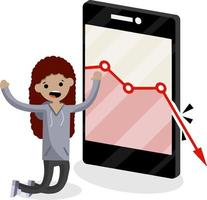 groß Handy, Mobiltelefon Telefon mit fallen rot Geschäft Graph. traurig jung Blogger Mädchen auf Knie. verringern im Ansichten und Abonnenten. Internet Statistiken. Geschäft Problem. Frau und ein Smartphone. eben Illustration vektor