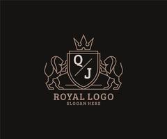första qj brev lejon kunglig lyx logotyp mall i vektor konst för restaurang, kungligheter, boutique, Kafé, hotell, heraldisk, Smycken, mode och Övrig vektor illustration.