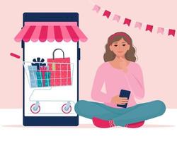 Mädchen kauft per Smartphone ein. Valentinstag Verkauf, Online-Shopping-Konzept. Vektorillustration im flachen Stil vektor