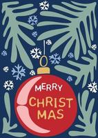 abstrakt retro affisch med jul träd grenar, jul boll och snöflingor i naiv stil vektor