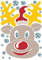 abstrakt retro Poster mit Weihnachten Hirsch im Santa Hut und Schneeflocken im naiv Stil vektor