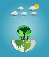 ekologi konceptidé, rädda jorden med miljövänlig, med jordklotet och trädet har en regnmolnbakgrund. vektorillustration vektor