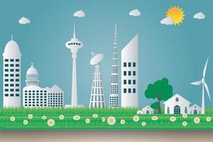 byggnader stadsbilden ekologi, vindkraftverk med träd och solen ren energi miljövänliga koncept idéer. vektor illustration
