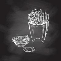 ritad för hand vit skiss av franska frites i en kartong låda och tomat sås isolerat på krita bakgrund. svartvit skräp mat årgång illustration. bra för meny, affisch eller restaurang bakgrund. vektor