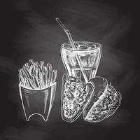 ritad för hand vit skiss av franska pommes frites, tacos och cola glas på krita bakgrund. svartvit skräp mat årgång illustration. bra för meny, affisch eller restaurang bakgrund. vektor