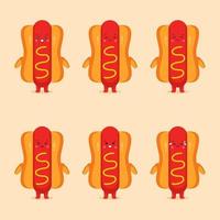 söt hotdog med olika uttryck vektor