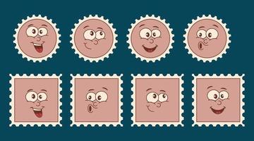 Sammlung von Marke Emoticons im Jahrgang Stil und 70er Jahre Farben. Vektor Illustration.