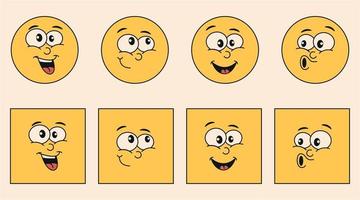 groovig Karikatur Figuren. Emoticons und Quadrate mit Gesichter und lächelt. einstellen von Aufkleber im modisch 60er, 70er retro Hippie Stil. Vektor. vektor