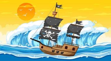 Ozean mit Piratenschiff bei Sonnenuntergangzeitszene im Karikaturstil