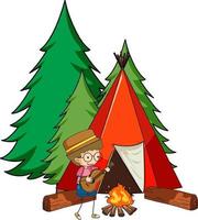 Campingzelt mit Gekritzelkinder-Zeichentrickfigur isoliert vektor