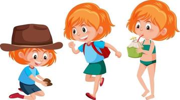 Zeichentrickfigur eines Mädchens, das verschiedene Aktivitäten ausführt vektor