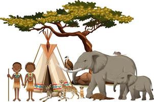 afrikanischer Stamm mit Gruppe des wilden afrikanischen Tieres auf weißem Hintergrund vektor