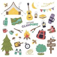 Glanz Camping Sammlung isoliert. süß Glamping Satz. Luxus und bequem Abgeschiedenheit allein oder mit freunde im Natur bündeln. modern draussen Aktivität. Mädchen Lager Hier Hand gezeichnet eben Vektor Illustration