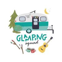 glamping trupp handskriven text design. camping sammansättning med årgång trailer och bål. husbil för bekväm avskildhet i natur. utomhus- aktivitet begrepp hand dragen platt vektor illustration