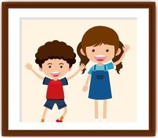 tecknad karaktär av pojke och flicka i en fotoram vektor