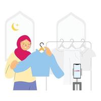 vektor hijab flicka håller på med leva strömning på social media. värd kvinna håller på med leva sälja på e handel plattform. digital marknadsföring illustration begrepp