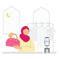 hijab flicka håller på med leva strömning på social media. värd kvinna håller på med leva handla på e handel plattform. digital marknadsföring vektor illustration begrepp