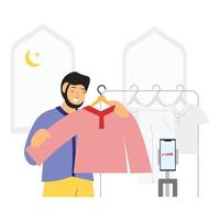 Muslim Mann tun Leben Streaming auf Sozial Medien. Gastgeber Mann tun Leben Einkaufen auf e Handel Plattform. Digital Marketing Vektor Illustration Konzept.