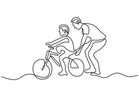 fortlaufend eine einzige Strichzeichnung des jungen Vaters hilft seinem Sohn, gemeinsam auf dem Feld Fahrrad fahren zu lernen. glückliches Erziehungskonzept. Charakter Vater bringt seinem Sohn Fahrradfahren bei vektor