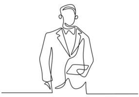 kontinuerlig enstaka ritning av ung professionell affärsman som bär kostym och mask medan han bär en mapp eller smarttelefontavla isolerad på vit bakgrund. gadget koncept. vektor illustration