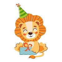 Vektor Kinder- Tier Charakter auf ein Weiß Hintergrund. süß Löwe feiern Geburtstag. ein Sammlung zum ein Kinder- Geburtstag. Illustration zum ein Gruß Karte zu ein Kind